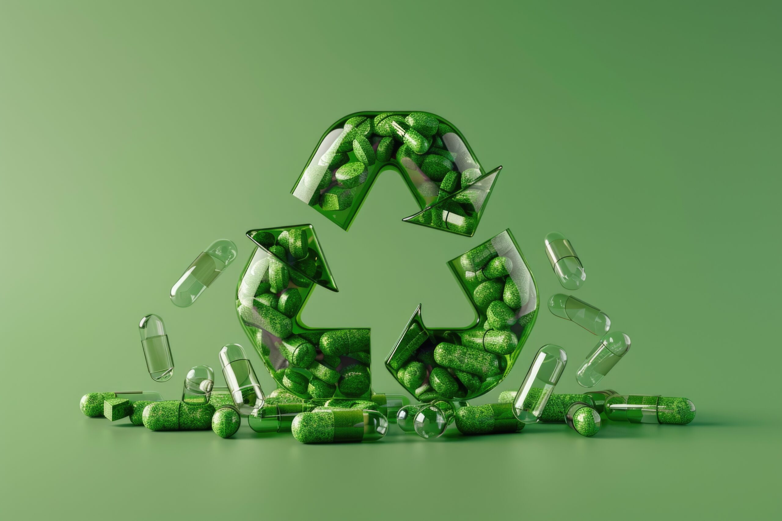 A pile of green pills with a recycling symbol in the middle, suitable for use in environmental or healthcare contexts